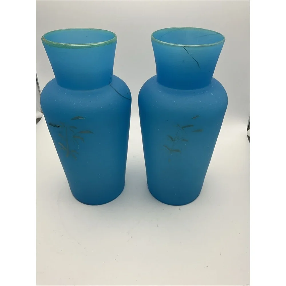 Pair Vintage Blue Satin Glass Floral Vases Hand Painted Frosted 6.5